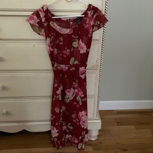 MODA International Floral Dress SZ 10 Ruffled Cap Sleeve Made In USA Shirred